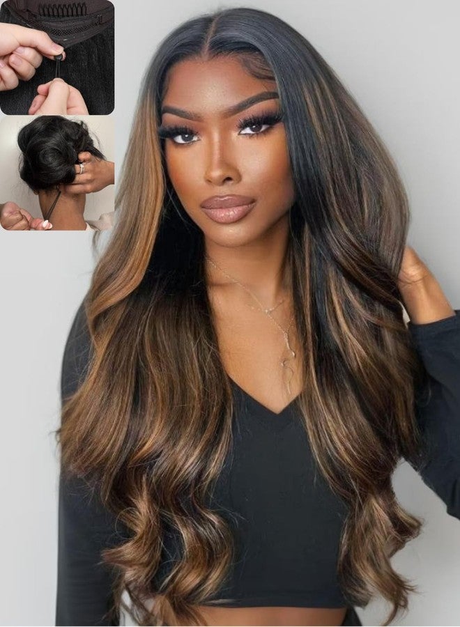 Nadula Bye Bye Knots Glueless Balayage Brown Body Wave Wig Human Hair with Drawstring, Pre Cut 7x5 HD Lace Front Wigs Pre Plucked Bleached Knots Ready to Go Highlight Ombre Wig 150% Density 16inch - Image 1